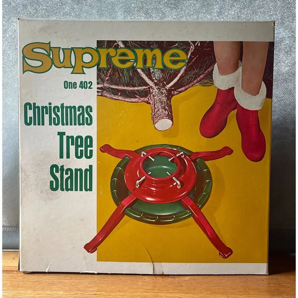 Vintage Supreme One 402 Christmas Tree Stand Complete w/ Box Red Green Steel USA